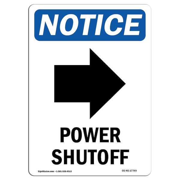 OSHA Notice Sign, 5" Height, Power Shutoff (Right Arrow) Sign With Symbol, Portrait, 10PK